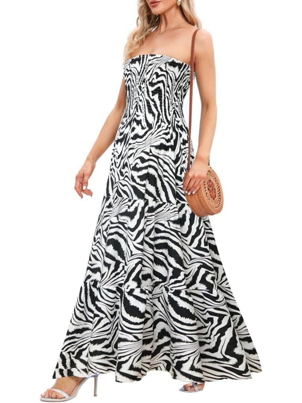 Women's Black Zebra Casual Off Shoulder Strapless Tube Top Beach Maxi Dress - Picture 2 of 4